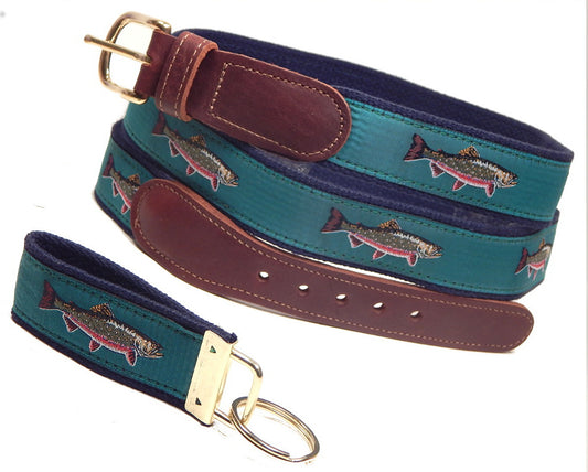 Preston Leather "Brook Trout" Belt, Navy Web, FREE Matching Key Ring