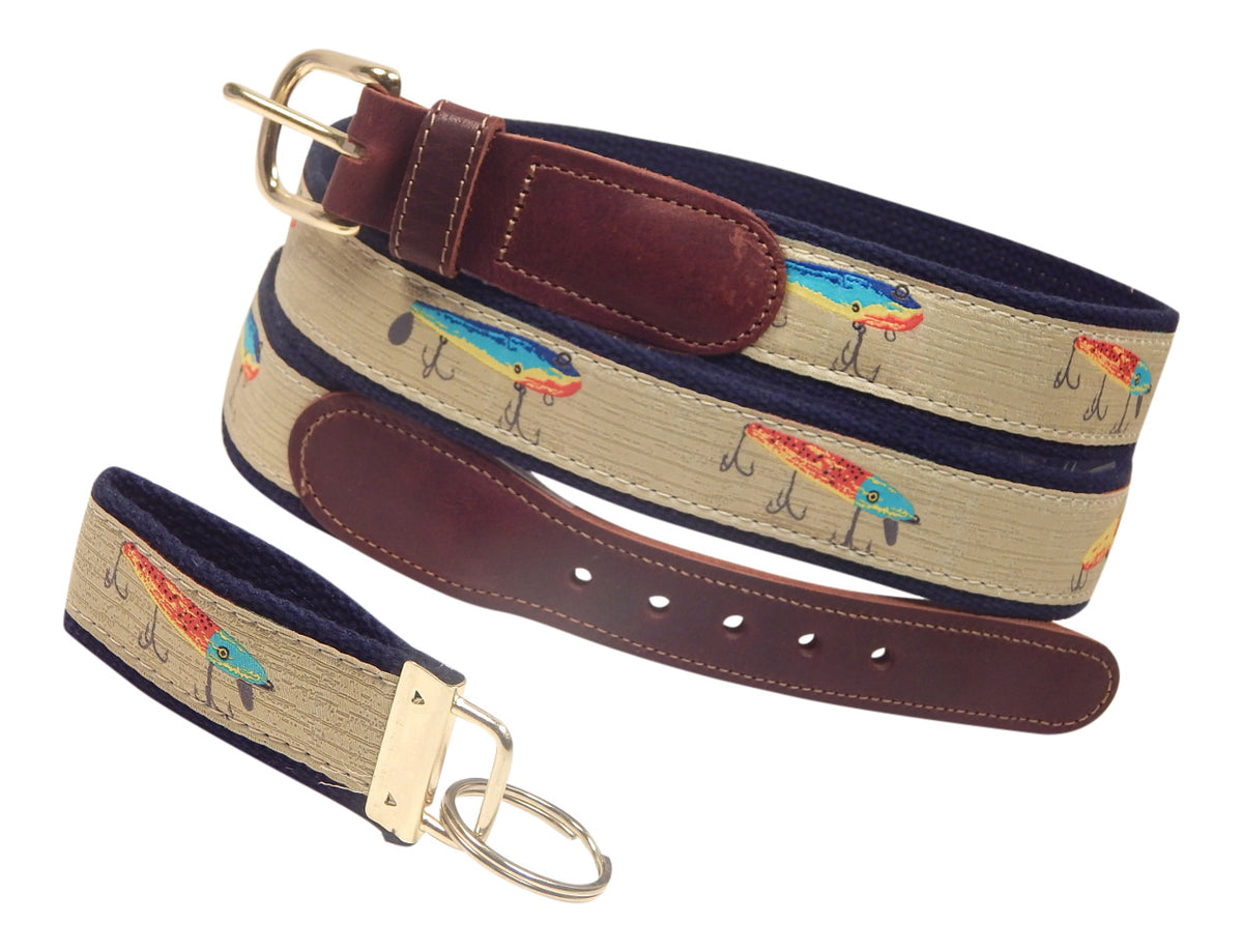 Preston Leather "Fishing Lures" Belt, Navy Web, FREE Matching Key Ring