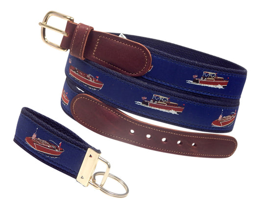 Preston Leather "Wooden Boats" Belt, Navy Web, FREE Matching Key Ring