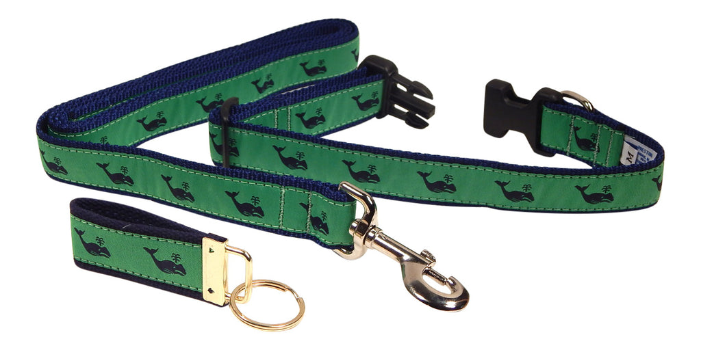 Preston Ribbons "Navy Whale on Green" Collar, Leash, Set, MEDIUM/LARGE Dogs, FREE Matching Key Ring with Set