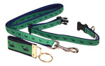 Preston Ribbons "Navy Whale on Green" Collar, Leash, Set, SMALL Dogs, FREE Matching Key Ring with Set