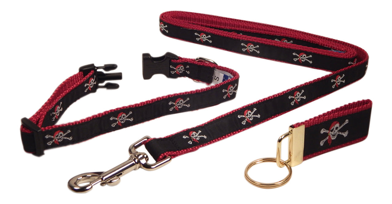 Preston Ribbons "Skull and Crossbones" Collar, Leash, Set, SMALL Dogs, FREE Matching Key Ring with Set