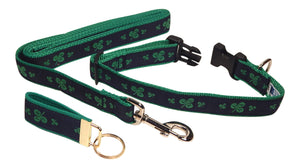 Preston Ribbons "Shamrocks on Navy" Collar, Leash, Set, MEDIUM/LARGE Dogs, FREE Matching Key Ring with Set