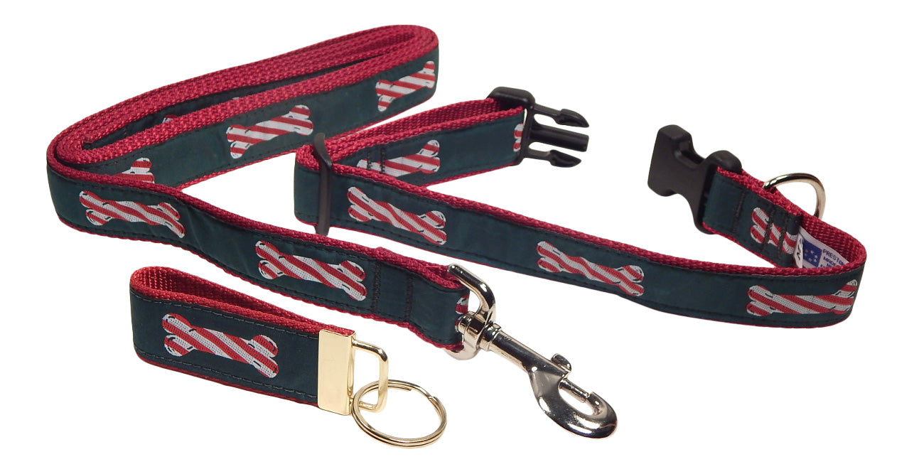 Preston Ribbons "Peppermint Stick" Collar, Leash, Set, MEDIUM/LARGE Dogs, FREE Matching Key Ring with Set
