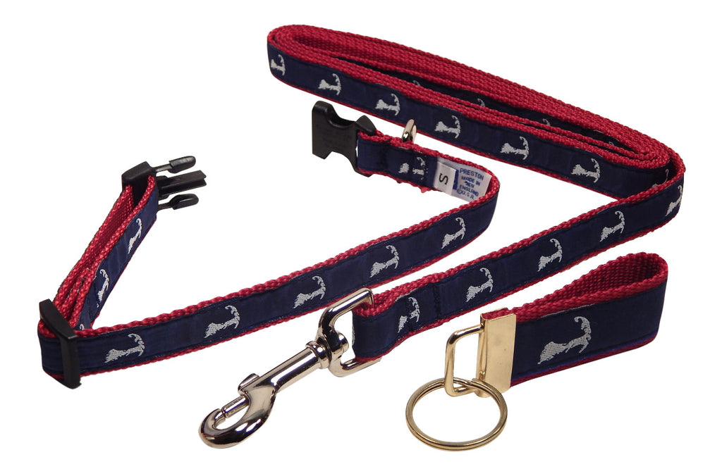Preston Ribbons "Map of Cape Cod" Collar, Leash, Set, SMALL Dogs, FREE Matching Key Ring with Set