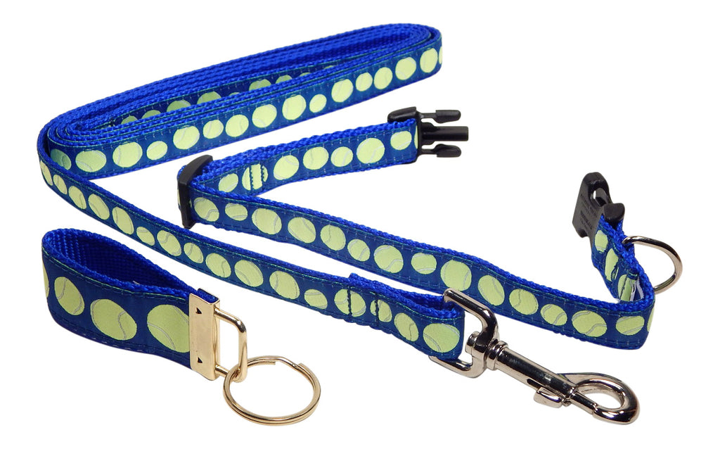 Preston Ribbons "Tennis Balls on Blue" Collar, Leash, Set, SMALL Dogs, FREE Matching Key Ring with Set