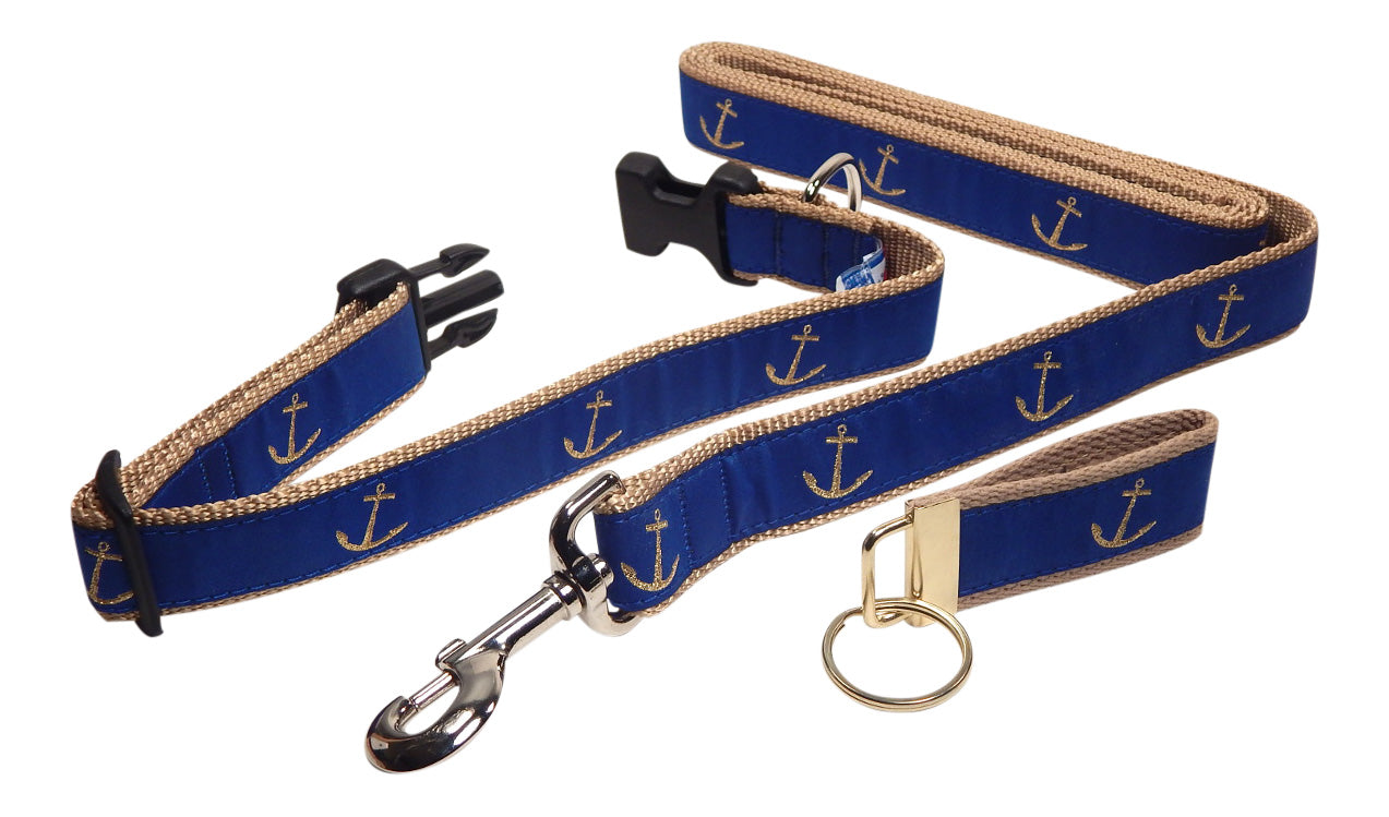 Preston Ribbons "Glittery Gold Anchor" Collar, Leash, Set, MEDIUM/LARGE Dogs, FREE Matching Key Ring with Set