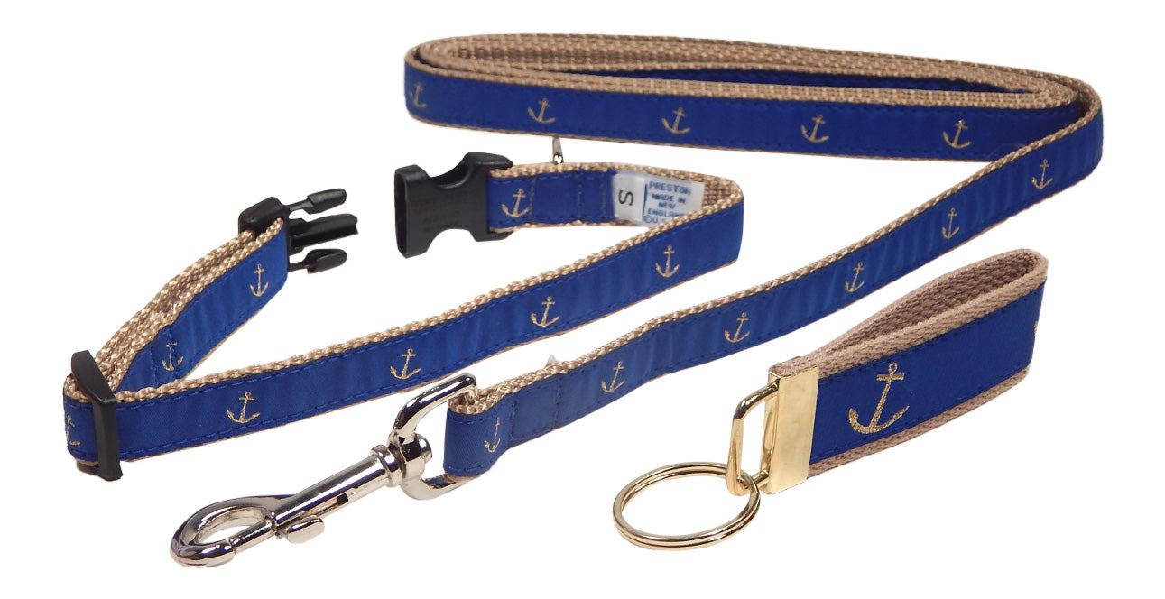 Preston Ribbons "Glittery Gold Anchor" Collar, Leash, Set, SMALL Dogs, FREE Matching Key Ring with Set