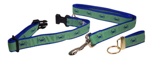 Preston Ribbons "Blue Crab on Green" Collar, Leash, Set, MEDIUM/LARGE Dogs, FREE Matching Key Ring with Set