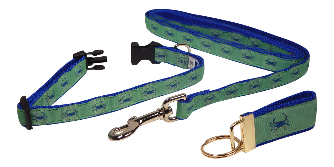 Preston Ribbons "Blue Crab on Green" Collar, Leash, Set, SMALL Dogs, FREE Matching Key Ring with Set