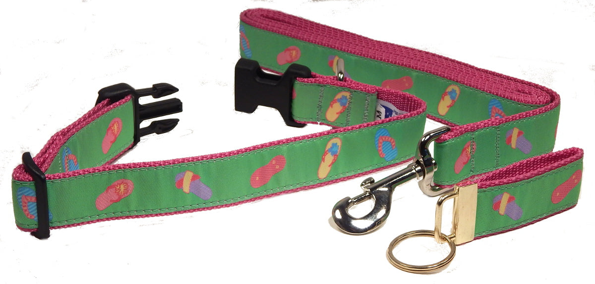 Preston Ribbons "Flip Flops on Lime Green" Collar, Leash, Set, MEDIUM/LARGE Dogs, FREE Matching Key Ring with Set