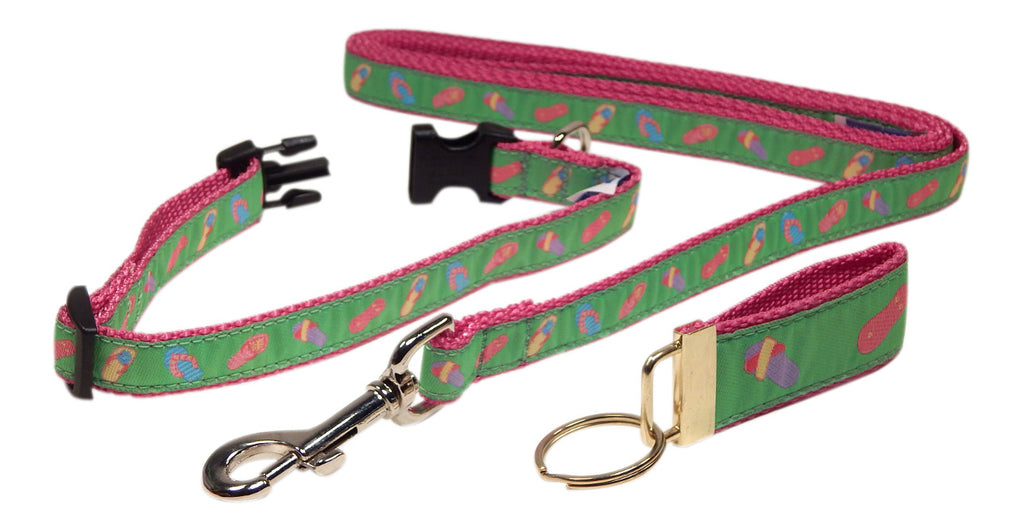 Preston Ribbons "Flip Flops on Lime Green" Collar, Leash, Set, SMALL Dogs, FREE Matching Key Ring with Set