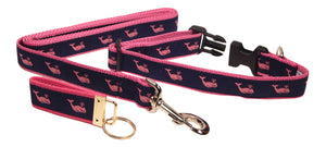 Preston Ribbons "Pink Whale on Navy" Collar, Leash, Set, MEDIUM/LARGE Dogs, FREE Matching Key Ring with Set
