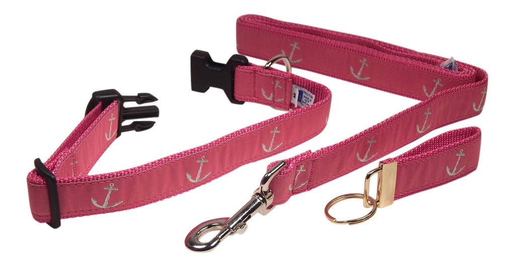 Preston Ribbons "Glittery Silver Anchor" Collar, Leash, Set, MEDIUM/LARGE Dogs, FREE Matching Key Ring with Set