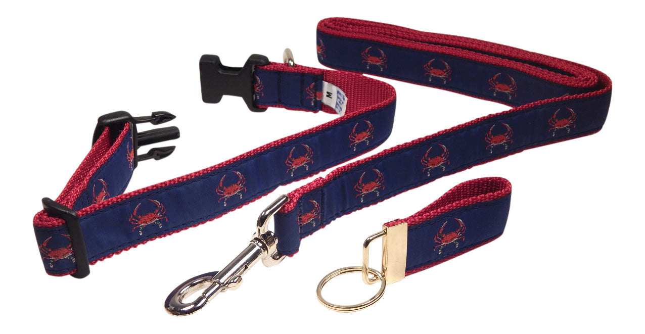 Preston Ribbons "Red Crab on Navy" Collar, Leash, Set, MEDIUM/LARGE Dogs, FREE Matching Key Ring with Set