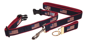 Preston Ribbons "American Flag" Collar, Leash, Set, MEDIUM/LARGE Dogs, FREE Matching Key Ring with Set