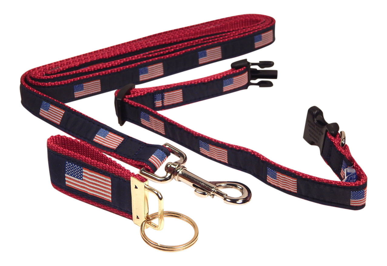 Preston Ribbons "American Flag" Collar, Leash, Set, SMALL Dogs, FREE Matching Key Ring with Set