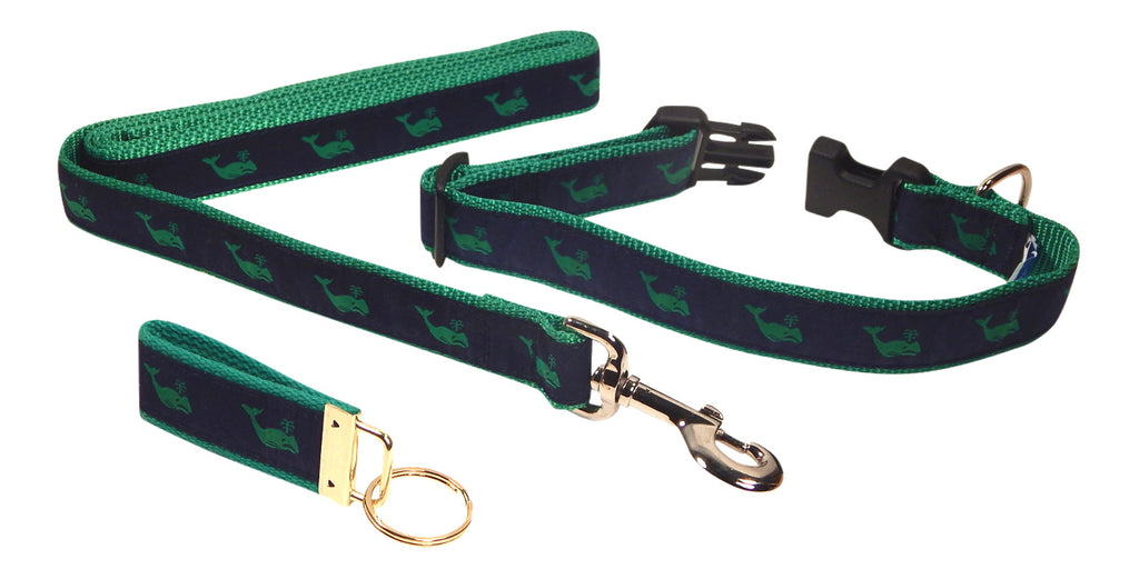 Preston Ribbons "Green Whale on Navy" Collar, Leash, Set, MEDIUM/LARGE Dogs, FREE Matching Key Ring with Set