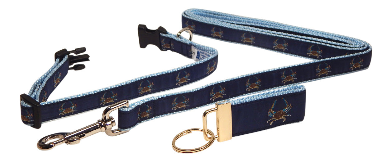 Preston Ribbons "Maryland Blue Crab" Collar, Leash, Set, SMALL Dogs, FREE Matching Key Ring with Set