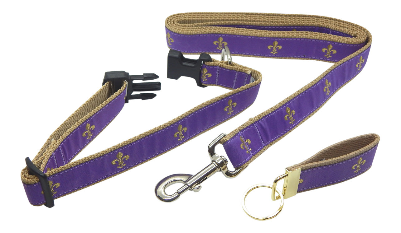 Preston Ribbons "Glittery Gold Fleur de Lis on Purple" Collar, Leash, Set, MEDIUM/LARGE Dogs, FREE Matching Key Ring with Set