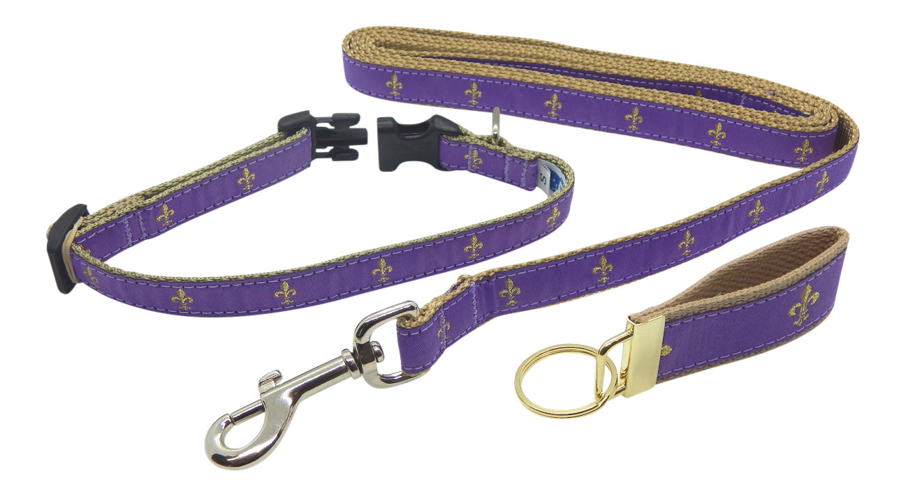 Preston Ribbons "Glittery Gold Fleur de Lis on Purple" Collar, Leash, Set, SMALL Dogs, FREE Matching Key Ring with Set