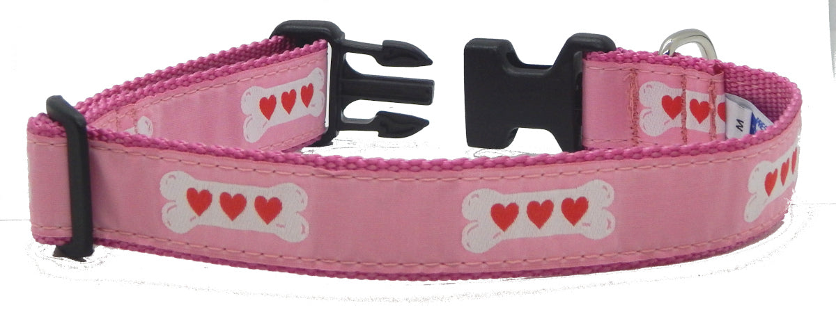 Preston Ribbons "Heart Bone on Pink" Collar, Leash, Set, SMALL Dogs, FREE Matching Key Ring with Set
