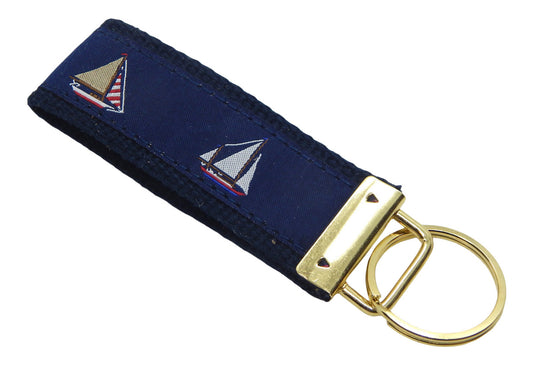 Preston Four Sailboats Classic Ribbon Key Rings, Navy Cotton Web