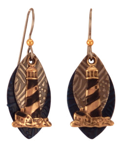 Black & Gold Lighthouses Over Football Shapes, Drop Earrings<br>by Silver Forest