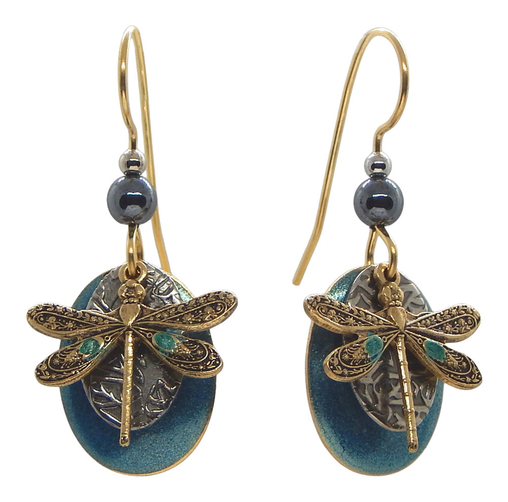 Gold Tone Dragonfly Over Teal Oval Earrings<br>by Silver Forest