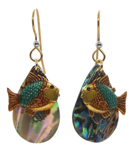 Gold Tone Fish Over Paua Shell Teardrop Earrings<br>by Silver Forest