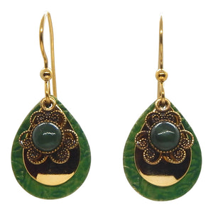 Gold Tone Flower/Jade, Over Gold Tone & Green Teardrops, Drop Earrings<br> by Silver Forest