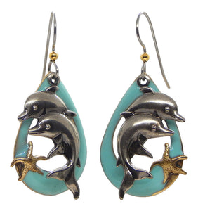 Silver Tone Dolphins, Gold Starfish Over Mint Open Teardrop Earrings<br>by Silver Forest