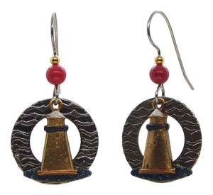 Gold Tone Lighthouse on Open Round Earrings<br>by Silver Forest