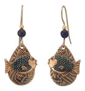 Gold-Tone Kissing Fish on Silver Tone Teardrop Earrings<br>by Silver Forest
