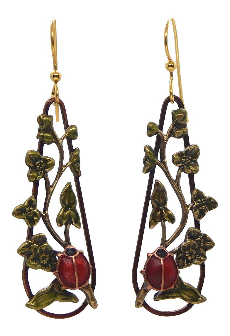 Ladybug & Vines on Elongated Teardrop, Gold Tone Earrings<br>by Silver Forest