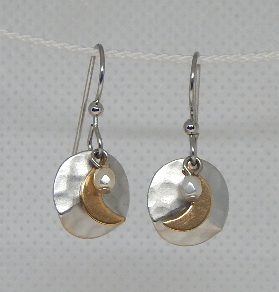 Gold-Tone Crescent on Hammered Round, Drop Style Earrings<br>by Silver Forest